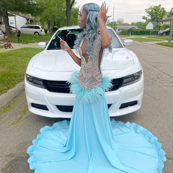 Aqua blue prom dress with silver rhinestones blue feathers and ruffled ends - Picture 1 of 5